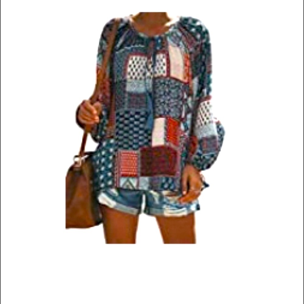 Women’s V Neck Long Sleeve Bohemian Patchwork Blouse